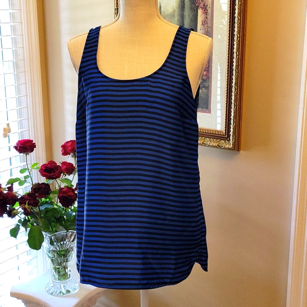 Michael Michael Kors blue black striped silky sleeveless pullover top Medium …